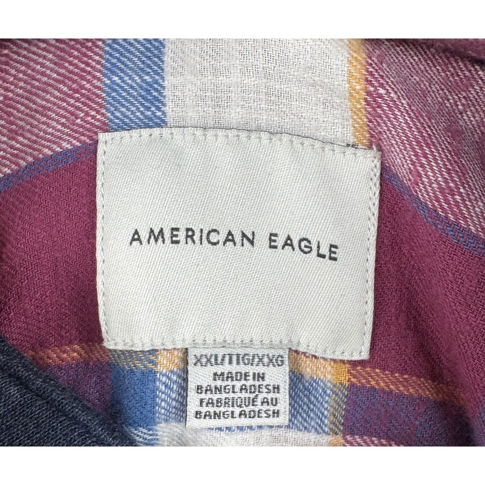 American Eagle‎ Mens XXL Plaid Hooded Flannel Shirt Burgundy Streetwear Skater - Picture 8 of 13
